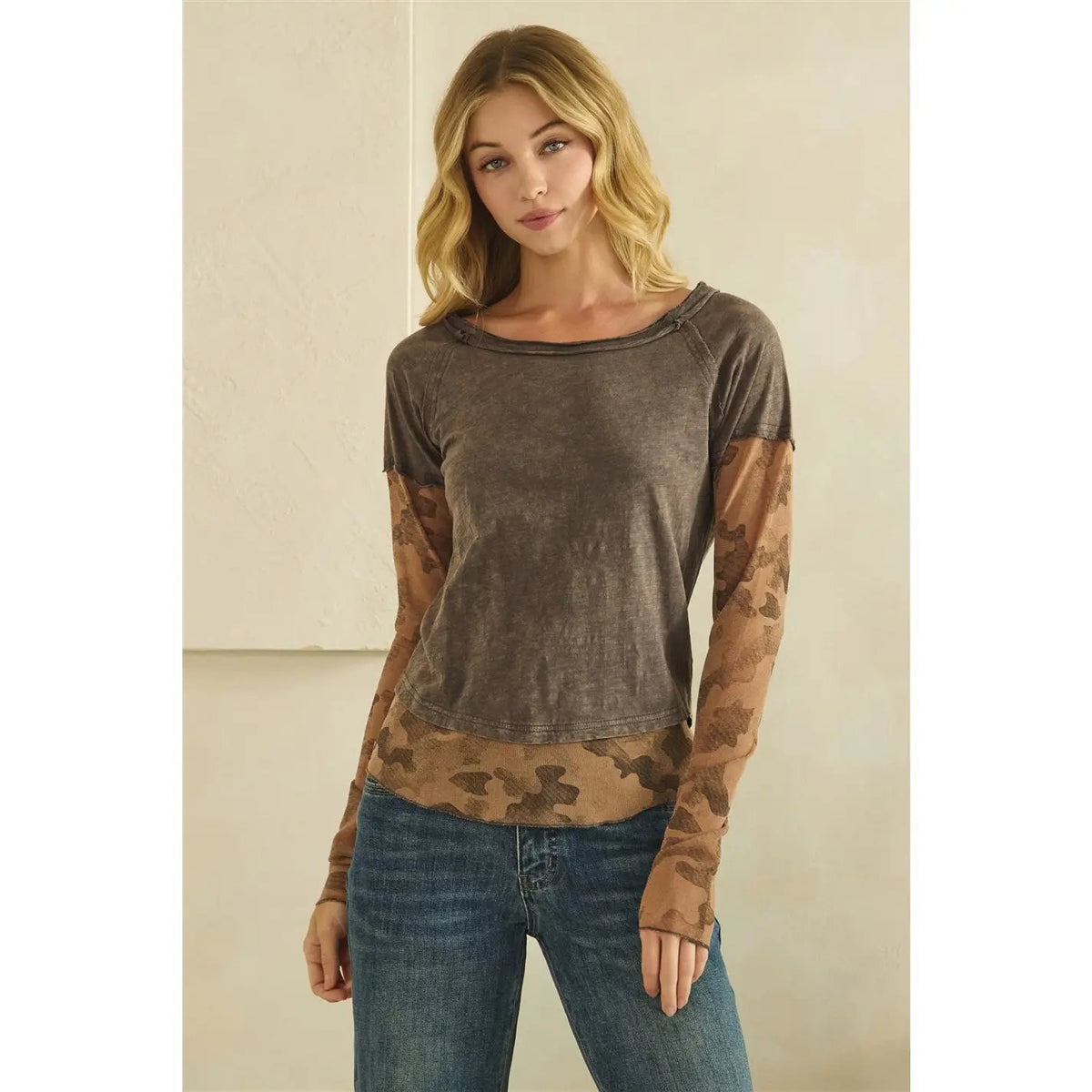 Camouflage Print Mix Layered Look Pull Over Olie & Hali - Gal-Up Boutique