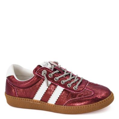 A low-top sneaker in metallic burgundy with white side stripes, silver laces, and a brown gum sole, shown against a plain white background.