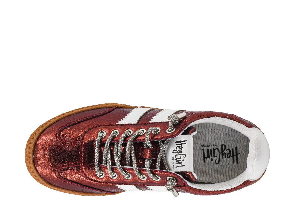 A single Heugirl brand low-top sneaker shown from a top-down view. The shoe features a metallic rose gold copper upper with white stripes on the side, white laces, a brown rubber sole, and a gray insole with the brand name 'Heugirl' printed in black.
