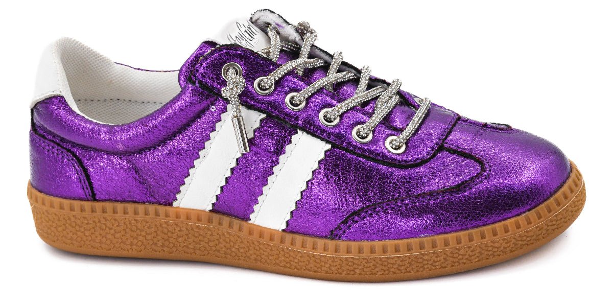 Close Up Purple Metallic Sneaker with White Accents and Silver Shoe Laces
