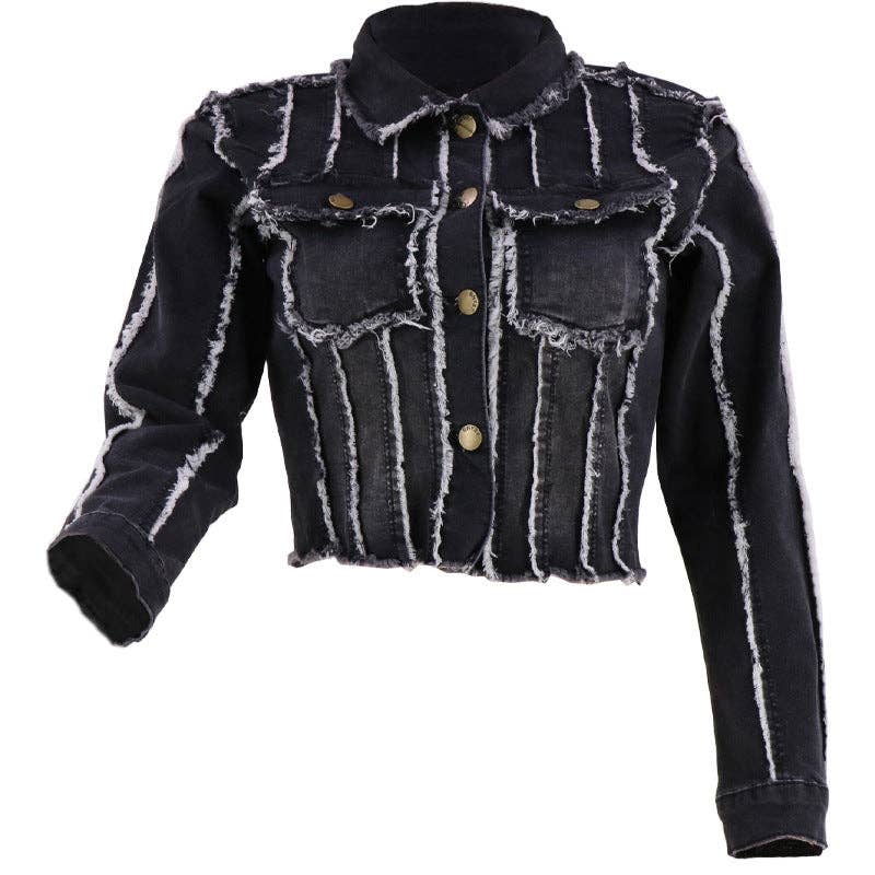 Black denim jacket with white frayed edges on a white background