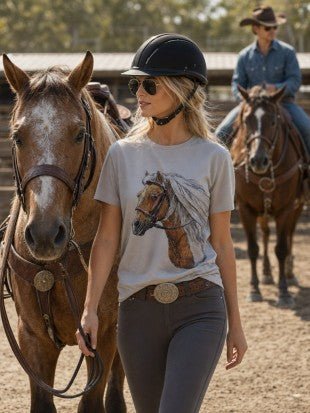 A woman in western riding attire, including a black riding helmet and sunglasses, stands in an outdoor ranch setting next to a brown horse, wearing a light gray graphic t-shirt with a detailed horse print.