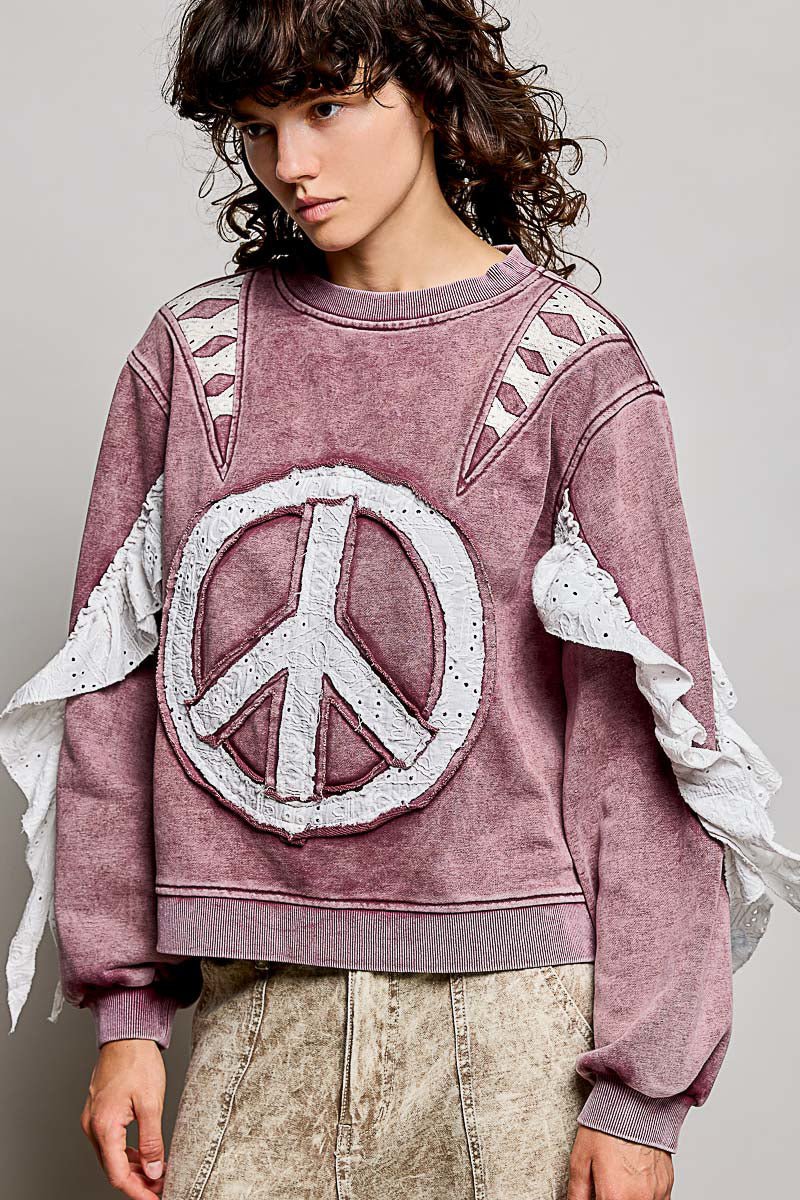 Ladies Top Burgundy Peace Sign Long Sleeves Open Back Pol Clothing - Gal-Up Boutique