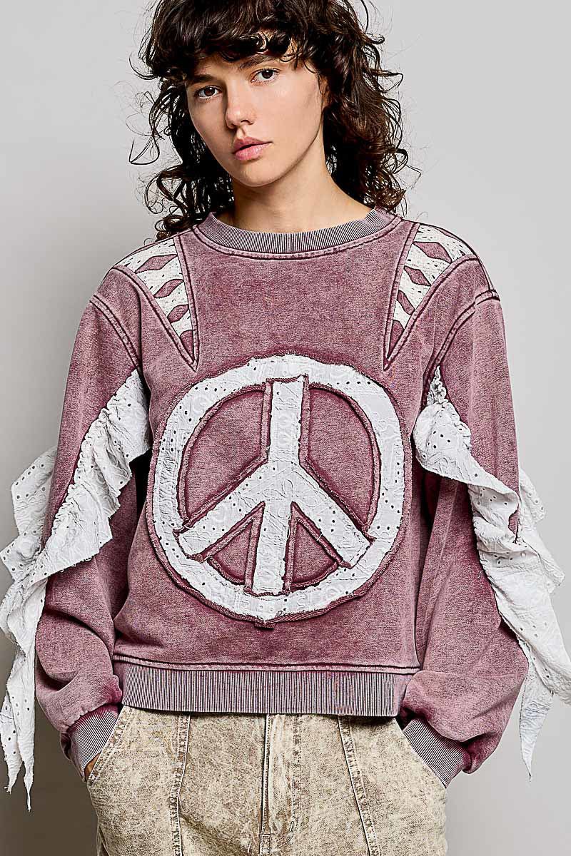 Ladies Top Burgundy Peace Sign Long Sleeves Open Back Pol Clothing - Gal-Up Boutique