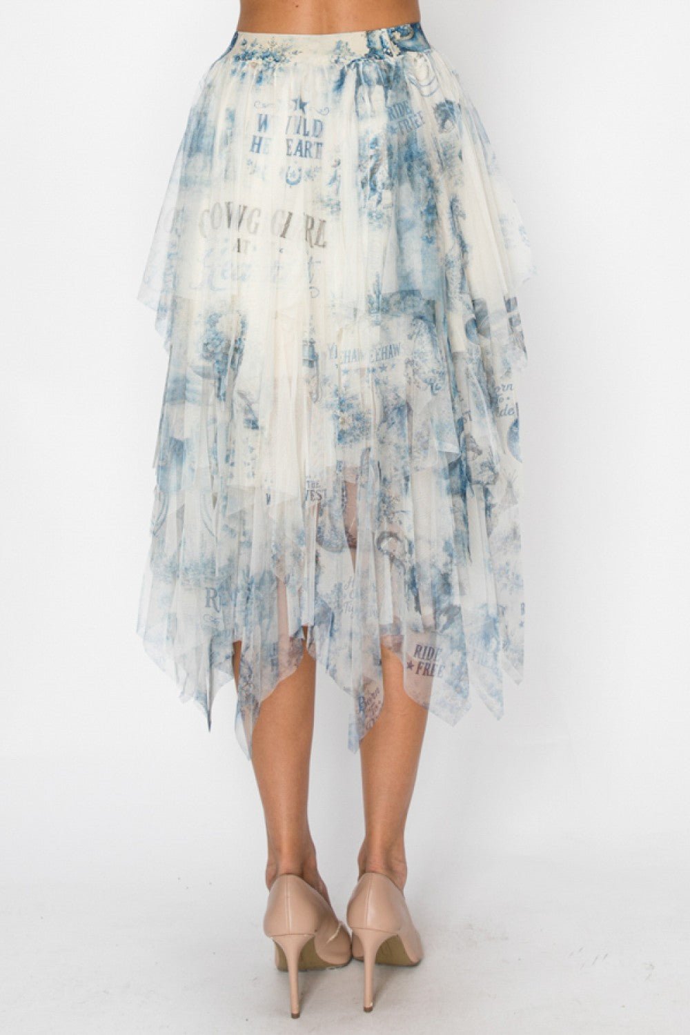 Lined Tiered White Mesh Skirt With Blue Cowgirl Print Origami Apparel - Gal-Up Boutique