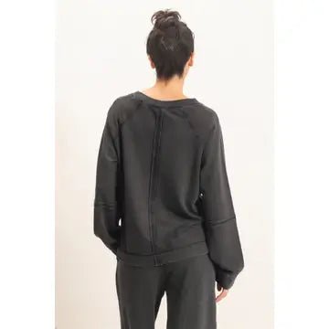 A person shown from the back wearing a black long-sleeve sweatshirt and matching black pants against a plain light background.