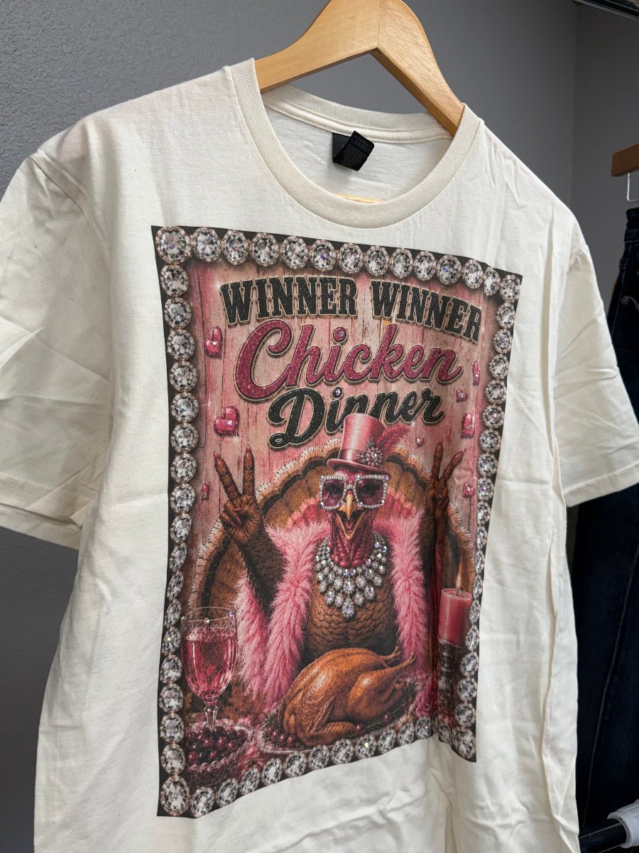 Natural T-Shirt on Hanger with Winner Winner Chicken Dinner Graphic
