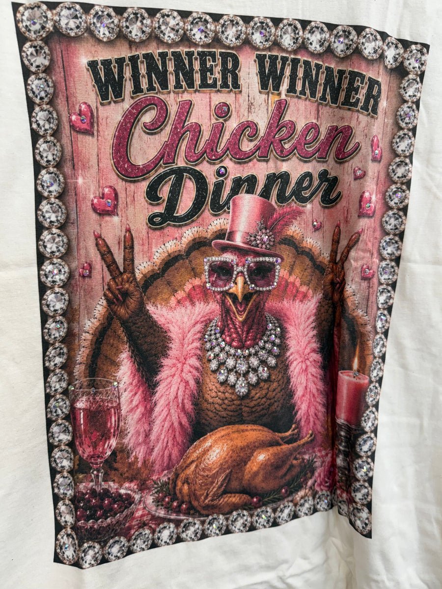 Pink Graphic Winner Winner Chicken Dinner with Chicken Wearing A Pink Top Hat and Sunglasses