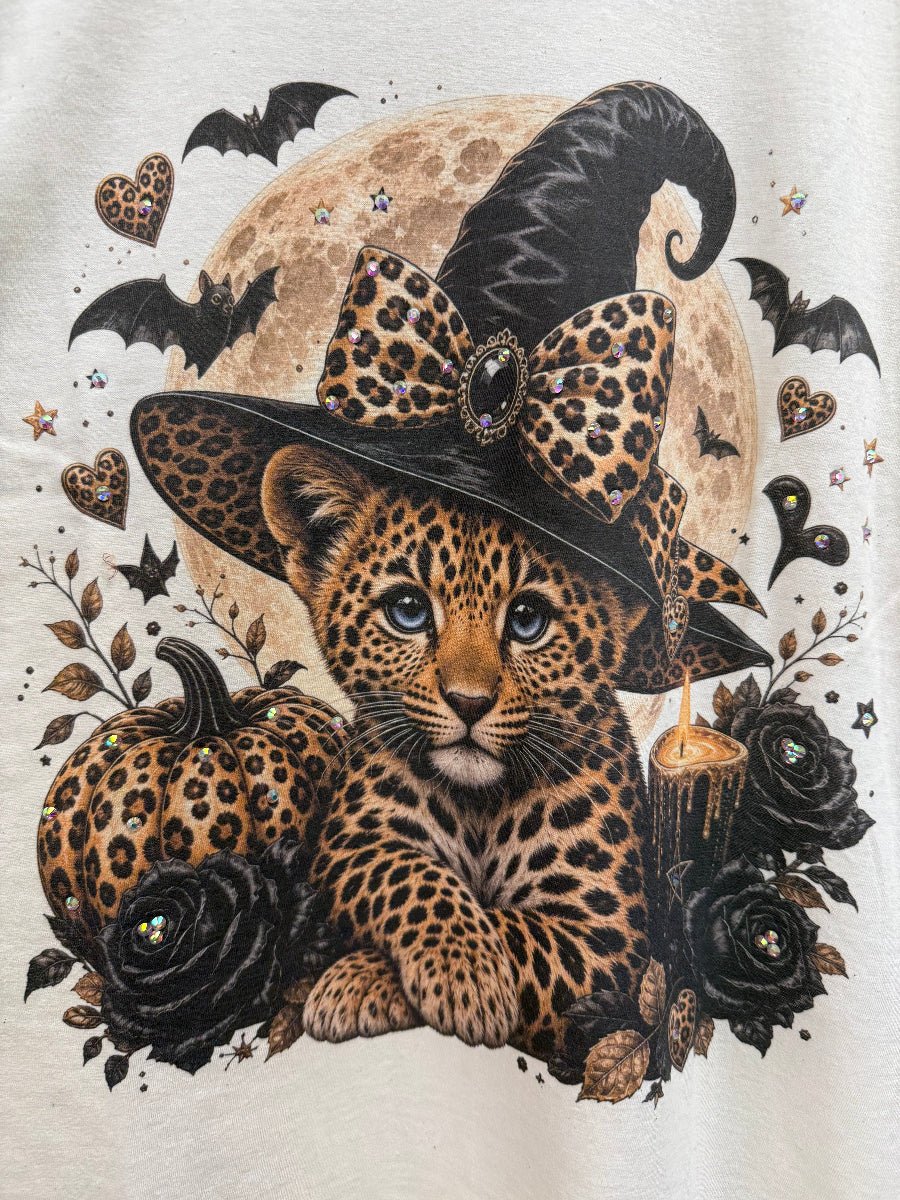 Graphic Leopard Kitten In Witches Hat with Leopard Print Bow, Black Bats, Black Flowers