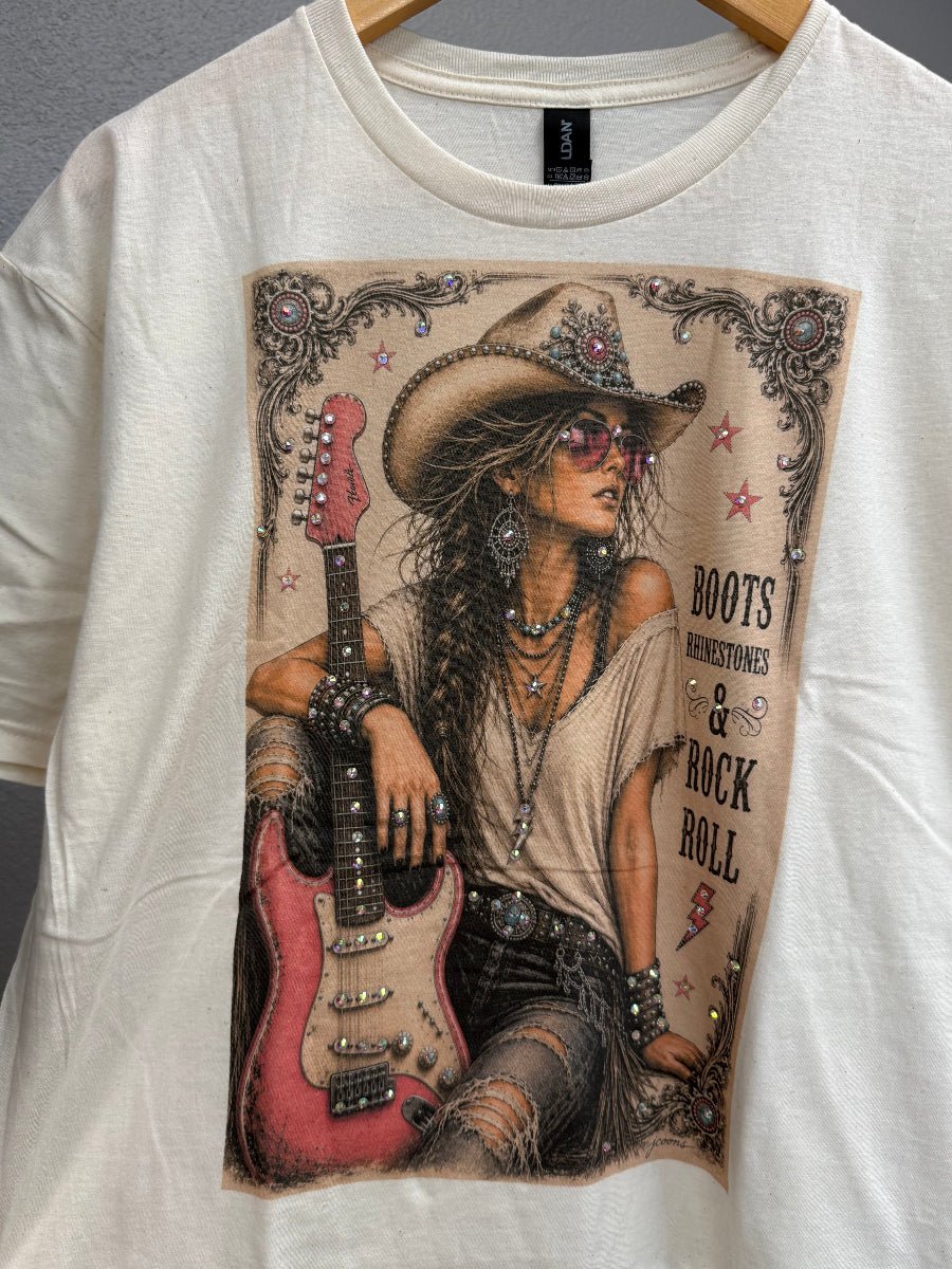 Graphic Woman in cowboy hat with guitar texts Boots Rhinestones & Rock N Roll