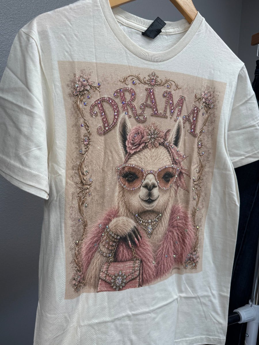 Natural T-Shirt with Drama text and pink llama