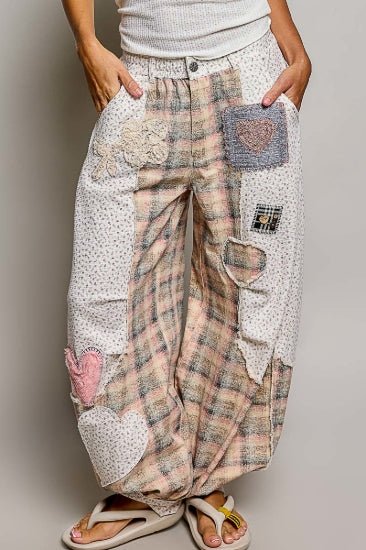 Pink Barrel Leg Women's Pants Plaid Floral Elastic Waistband Pol Clothing - Gal-Up Boutique