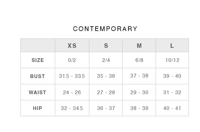 A size comparison chart for apparel, showing measurements for Contemporary, Young Contemporary, Contemporary Athleisure, Young Contemporary Athleisure, Contemporary Plus, and Young Contemporary Plus in a grid format.