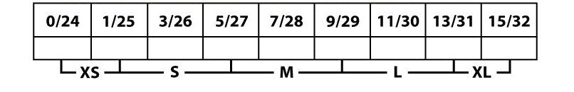 A size chart diagram showing clothing size mappings from XS to XL to sizes 0/24 through 15/32, with labeled sections for S, M, and L.