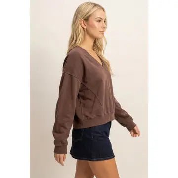 Snow Wash V-Neck Sweatshirt Dark Brown Hyfve - Gal-Up Boutique
