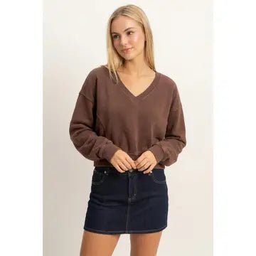 Snow Wash V-Neck Sweatshirt Dark Brown Hyfve - Gal-Up Boutique