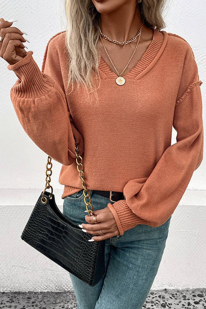 Model Wearing V-Neck Coffee Color Sweater and Holding a Black Purse
