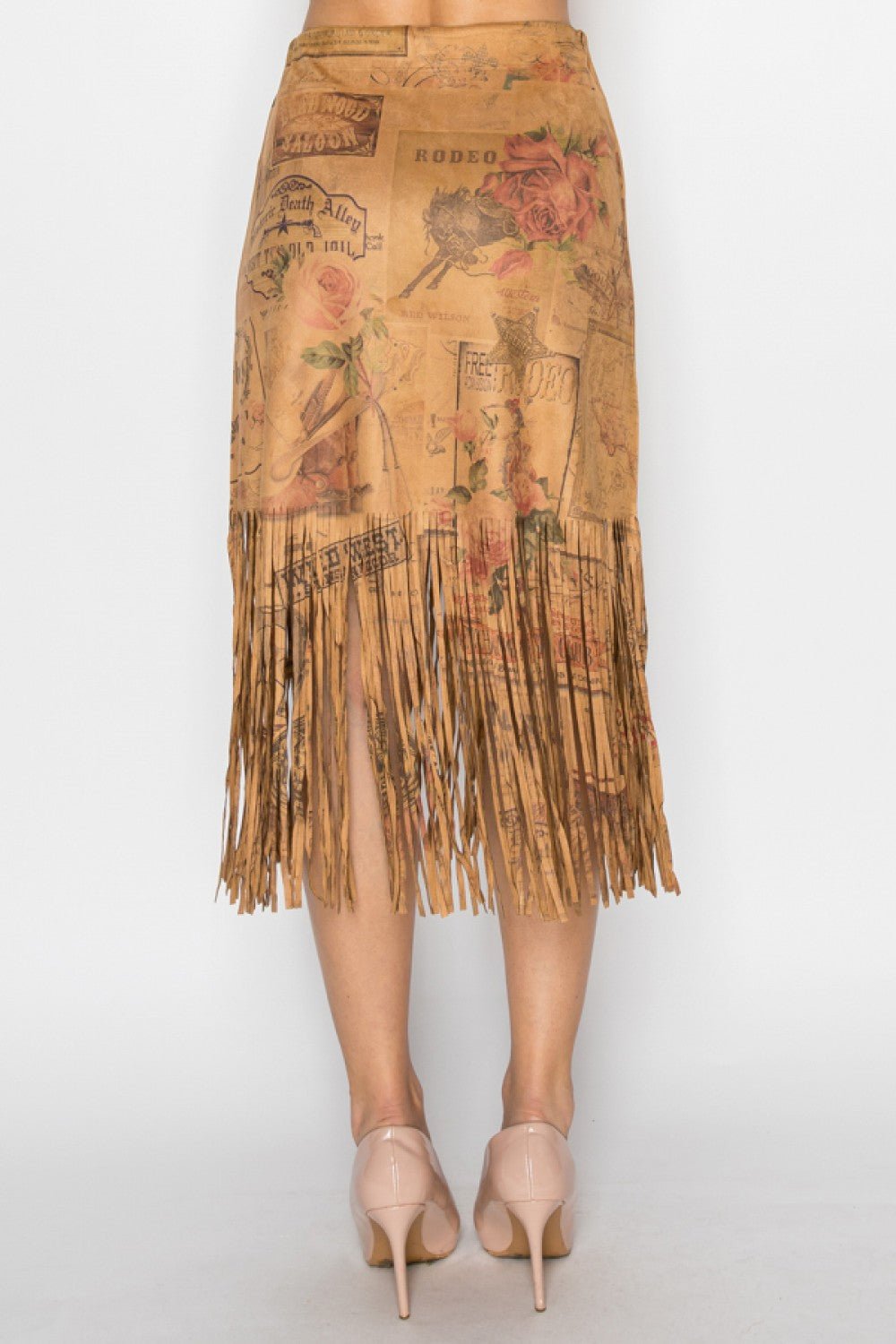 Tan Faux Suede Western Inspired Skirt Rose Print With Fringe - Gal-Up Boutique