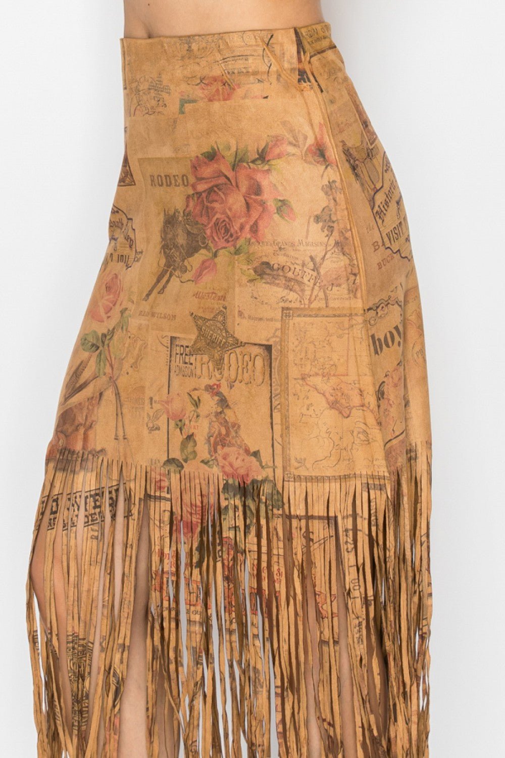 Tan Faux Suede Western Inspired Skirt Rose Print With Fringe - Gal-Up Boutique