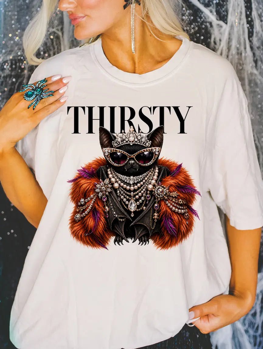 Woman wearing a white t shirt with a black cat in bling and the text THIRSTY