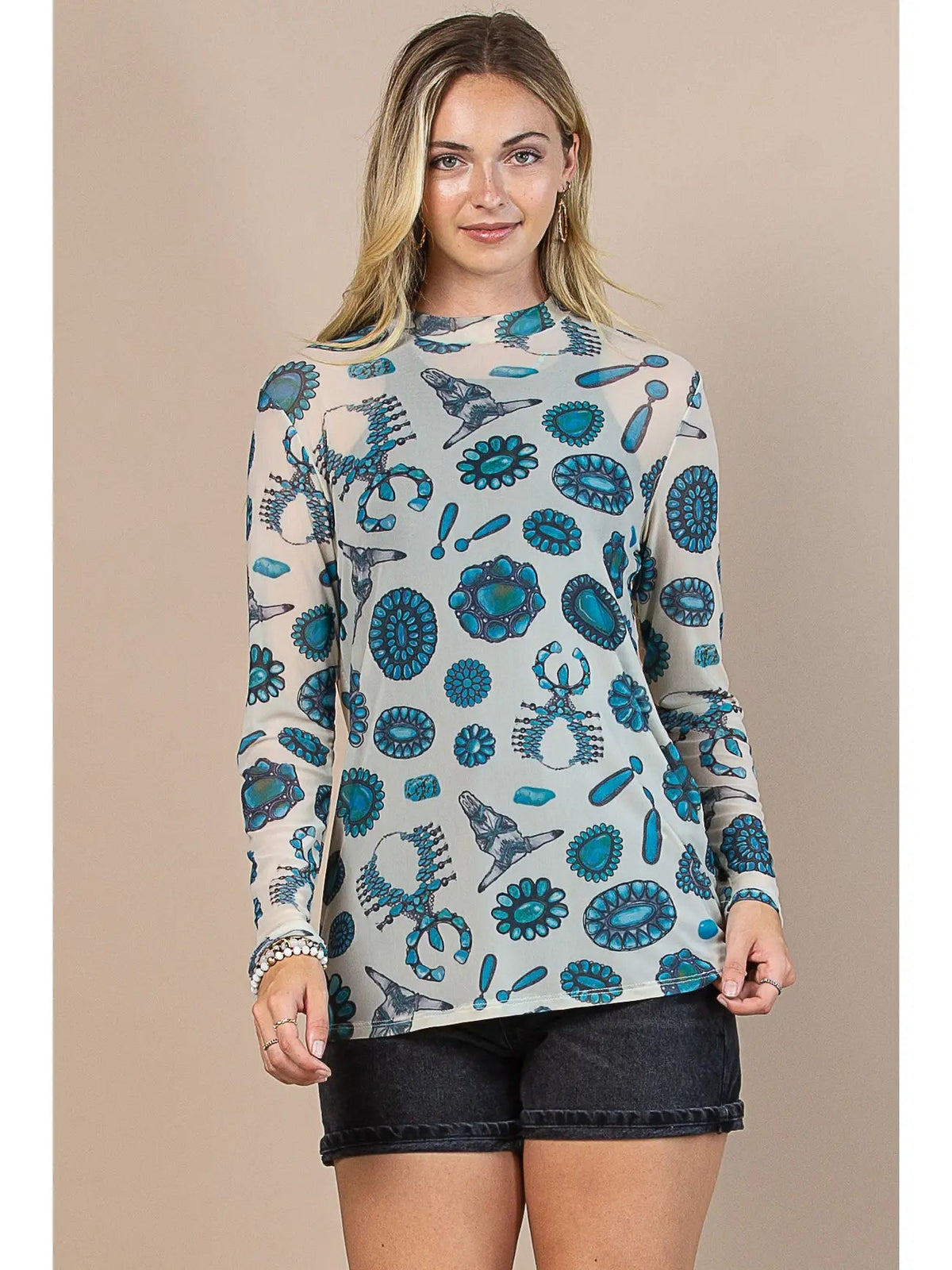 Turquoise Cream Print Mock Neck Mesh Top Avery Apparel - Gal-Up Boutique