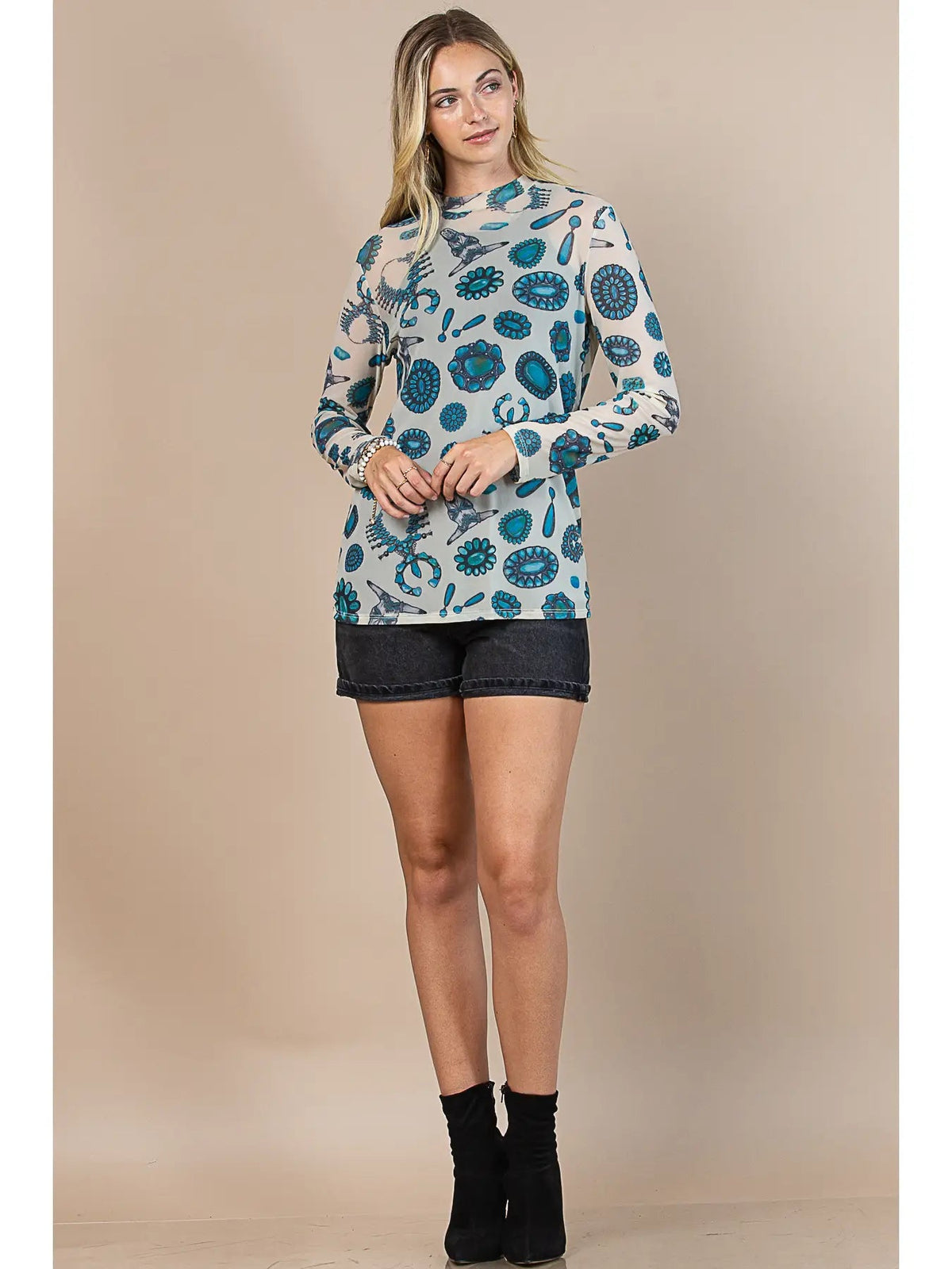 Turquoise Cream Print Mock Neck Mesh Top Avery Apparel - Gal-Up Boutique