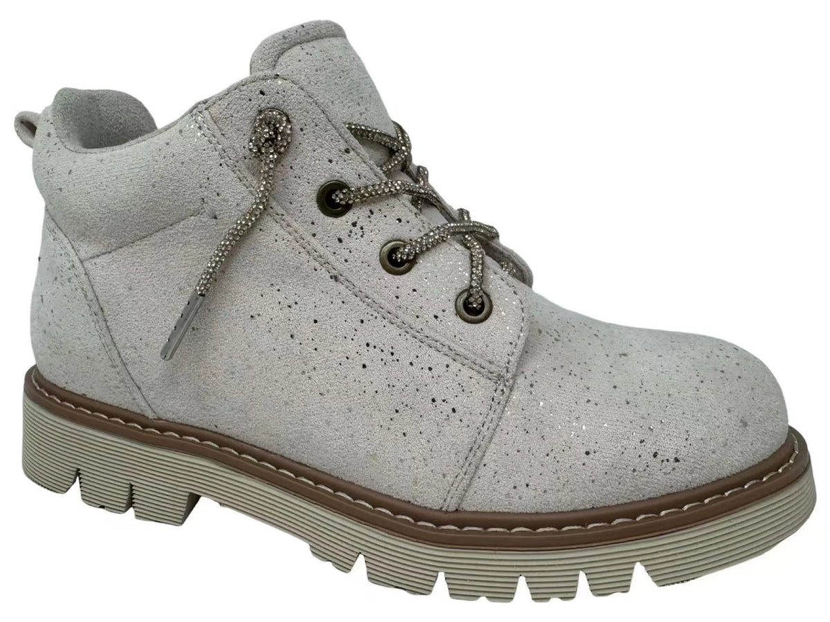 A light gray glitter ankle boot with brown laces, metal eyelets, and a brown and gray sole, shown against a plain white background.