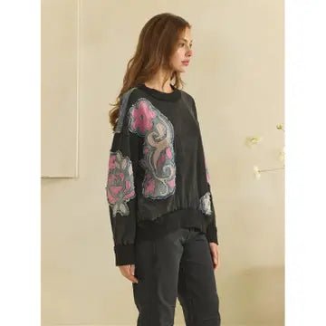 Washed Floral Patch Black Crewneck Long Sleeve Top Oli & Hali - Gal-Up Boutique