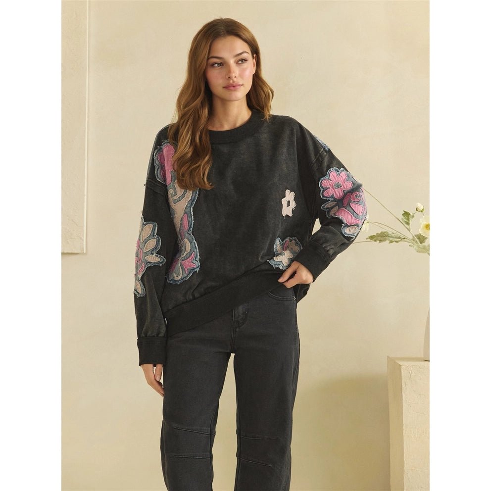 Washed Floral Patch Black Crewneck Long Sleeve Top Oli & Hali - Gal-Up Boutique