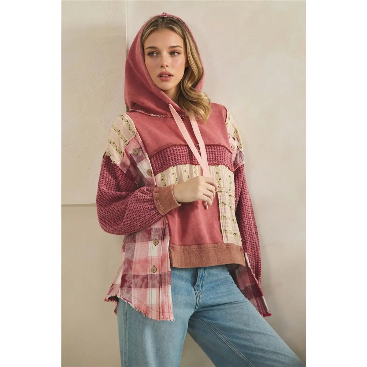 Washed Patchwork Waffle Detailed Layered Flower Hoodie Oli & Hali - Gal-Up Boutique