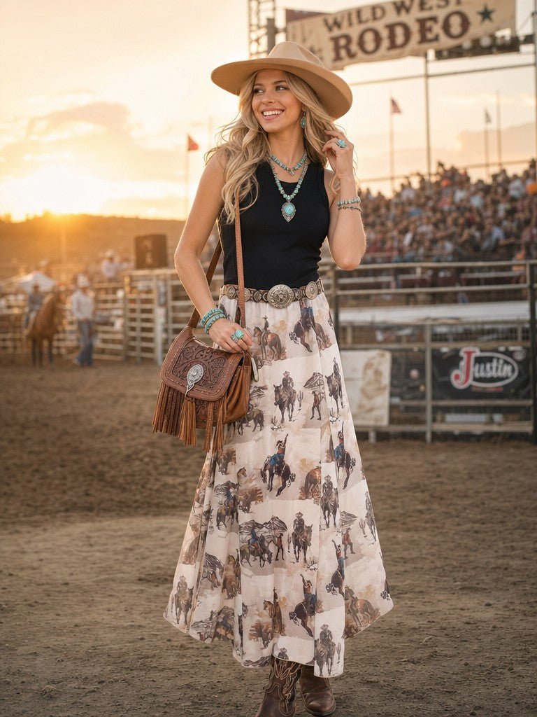 A woman stands in a rodeo arena at sunset wearing a tan cowboy hat, a black sleeveless top, a long cream skirt with a western rider print, and a brown fringe crossbody bag. The background shows arena fencing, a crowd, and a Wild West Rodeo sign.