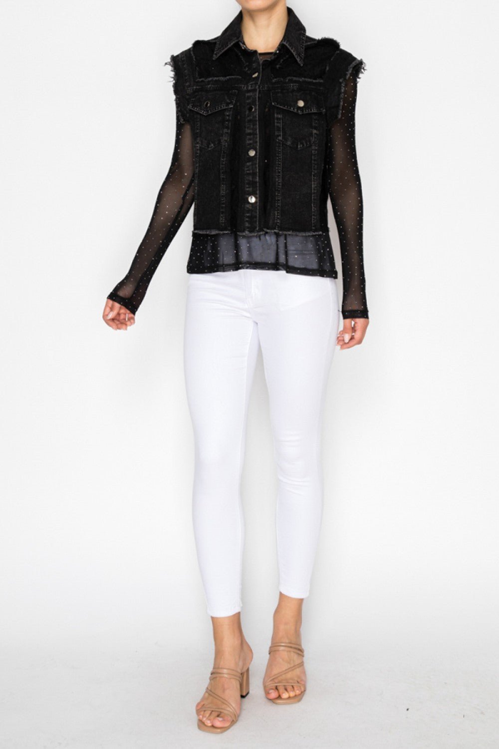 Western-Inspired Black Denim Vest with Long Black Lace Sleeves - Gal-Up Boutique