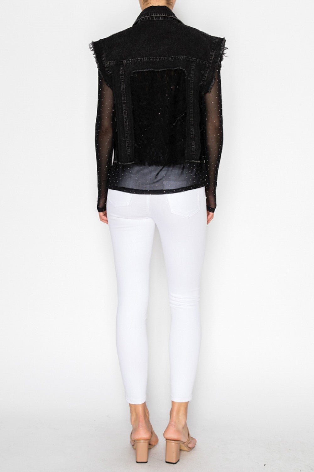 Western-Inspired Black Denim Vest with Long Black Lace Sleeves - Gal-Up Boutique
