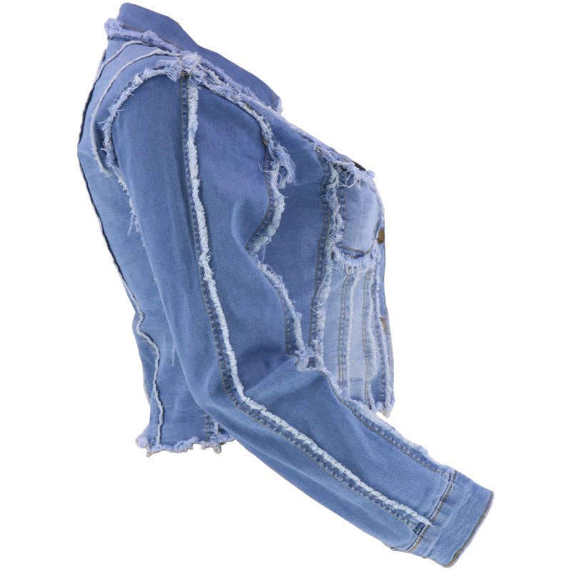 Blue denim jacket with frayed edges on a white background