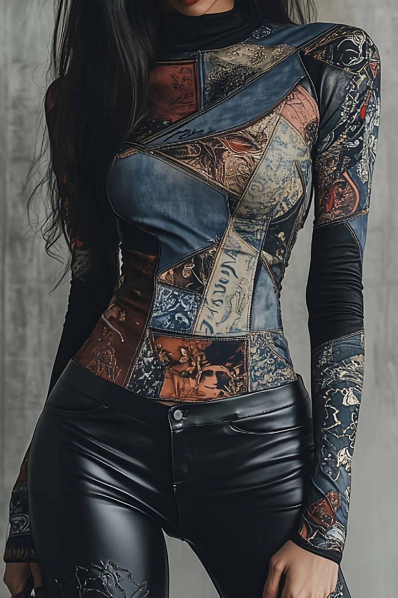 A woman wearing a fitted long-sleeve top with an intricate patchwork print combining blue denim, brown leather-like panels, and vintage-style illustrations, paired with black faux-leather pants against a gray textured background.