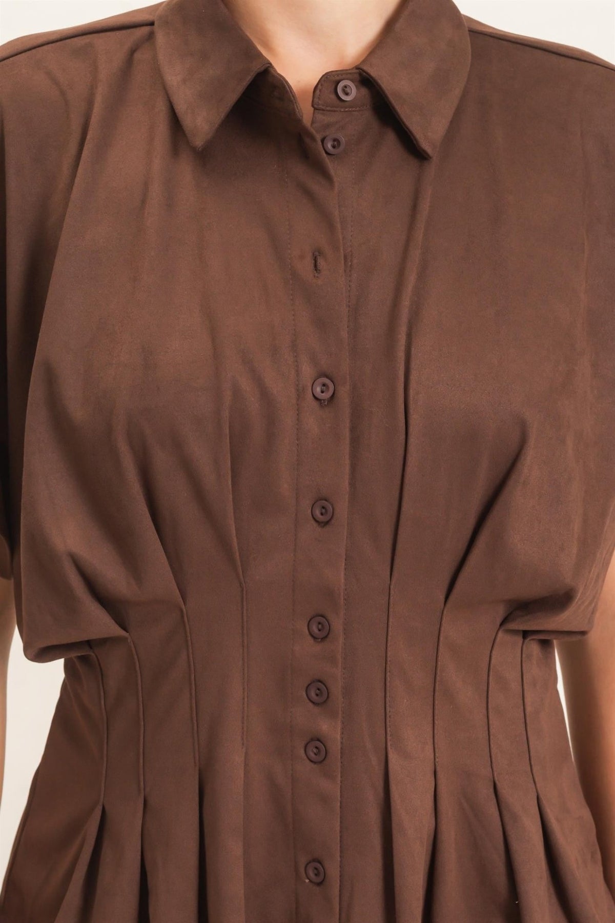 Women's Brown Suede Feel Button Down Blouse Hyfve - Gal-Up Boutique