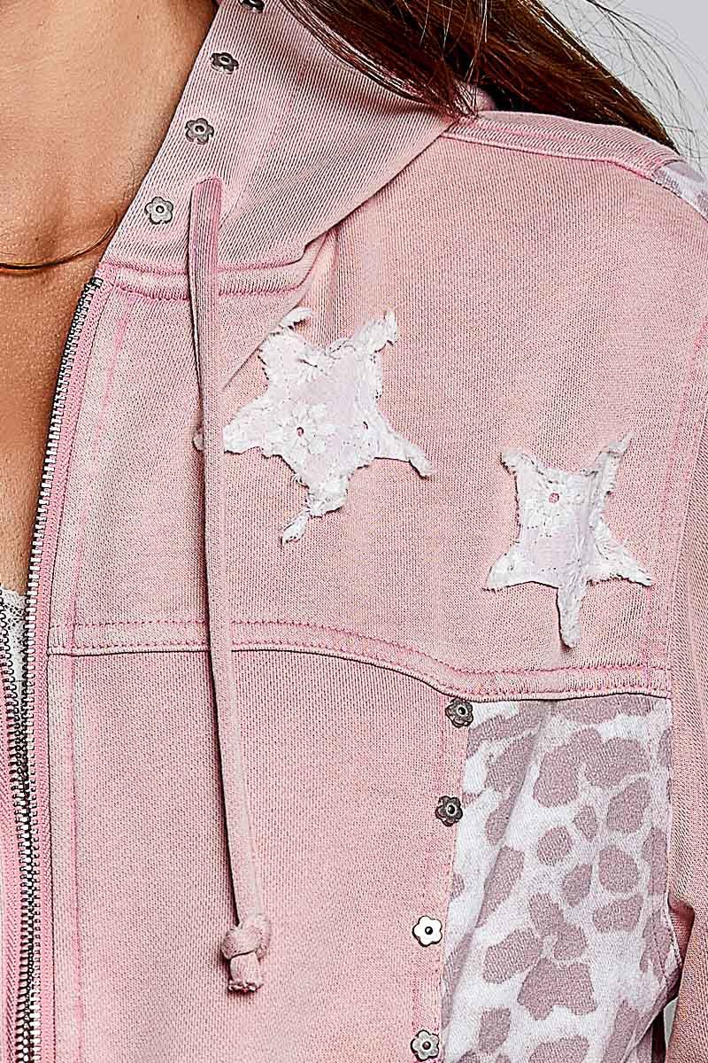 Women's Chalk Pink French Terry Hoodie Leopard Print Pol Clothing - Gal-Up Boutique