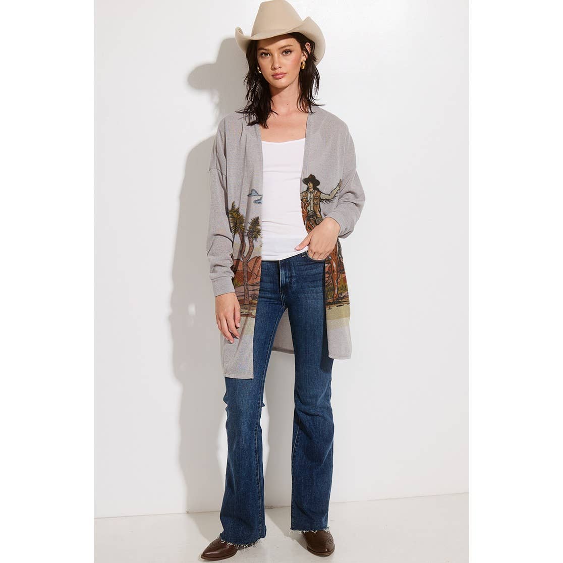 Women's Desert Cowgirl Print Knit Casual Style Cardigan Gray - Gal-Up Boutique