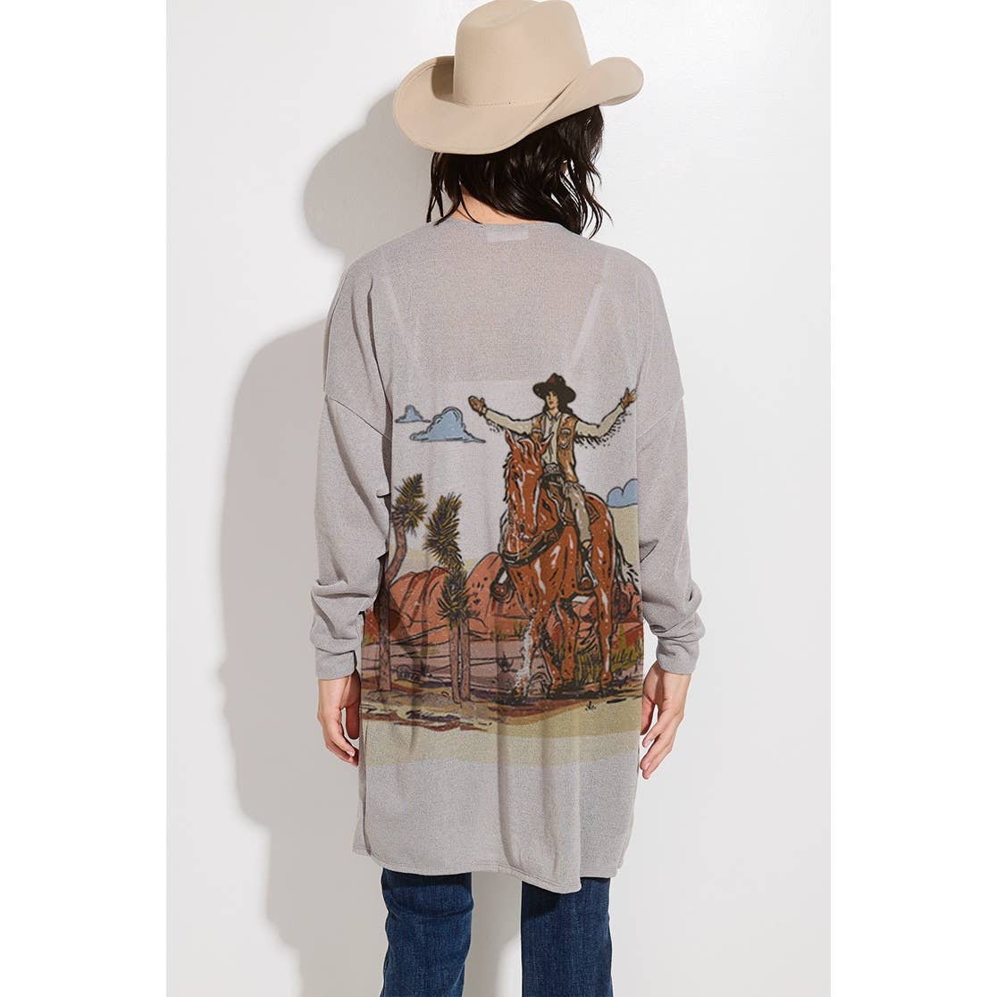 Women's Desert Cowgirl Print Knit Casual Style Cardigan Gray - Gal-Up Boutique