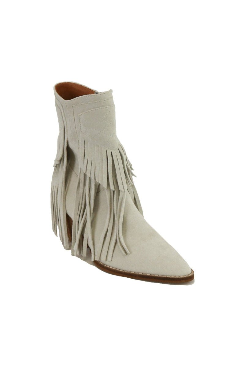 Beige fringe ankle boot on a white background