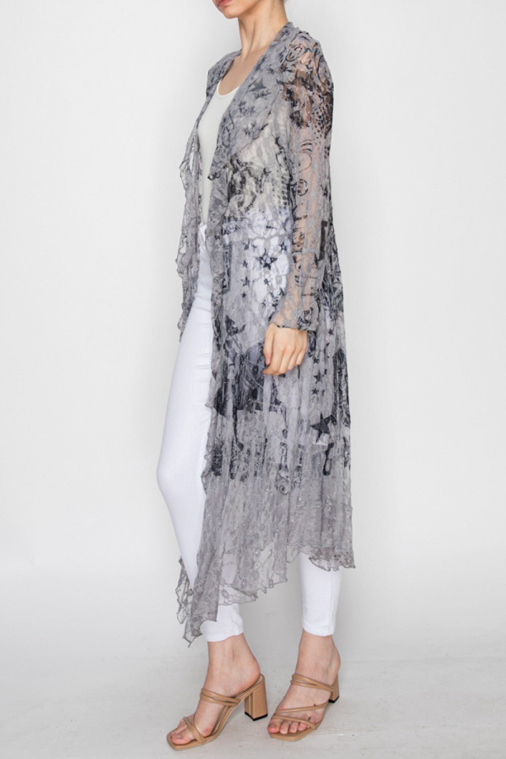 Women's Long Cardigan Western Inspired Duster Ruffled Detailing Gray - Gal-Up Boutique