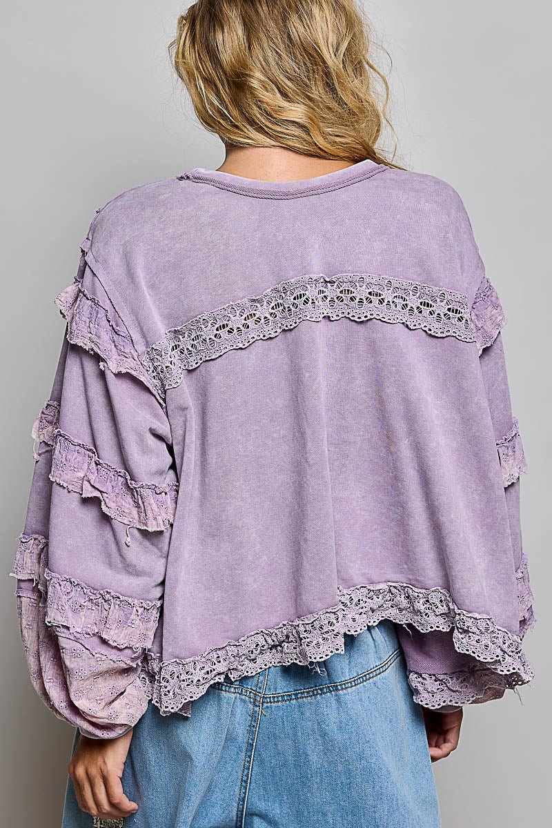 Women's Loose Fit Top Powder Lilac Eyelet Accent Pol Clothing - Gal-Up Boutique