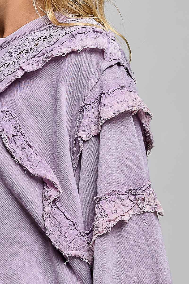 Women's Loose Fit Top Powder Lilac Eyelet Accent Pol Clothing - Gal-Up Boutique