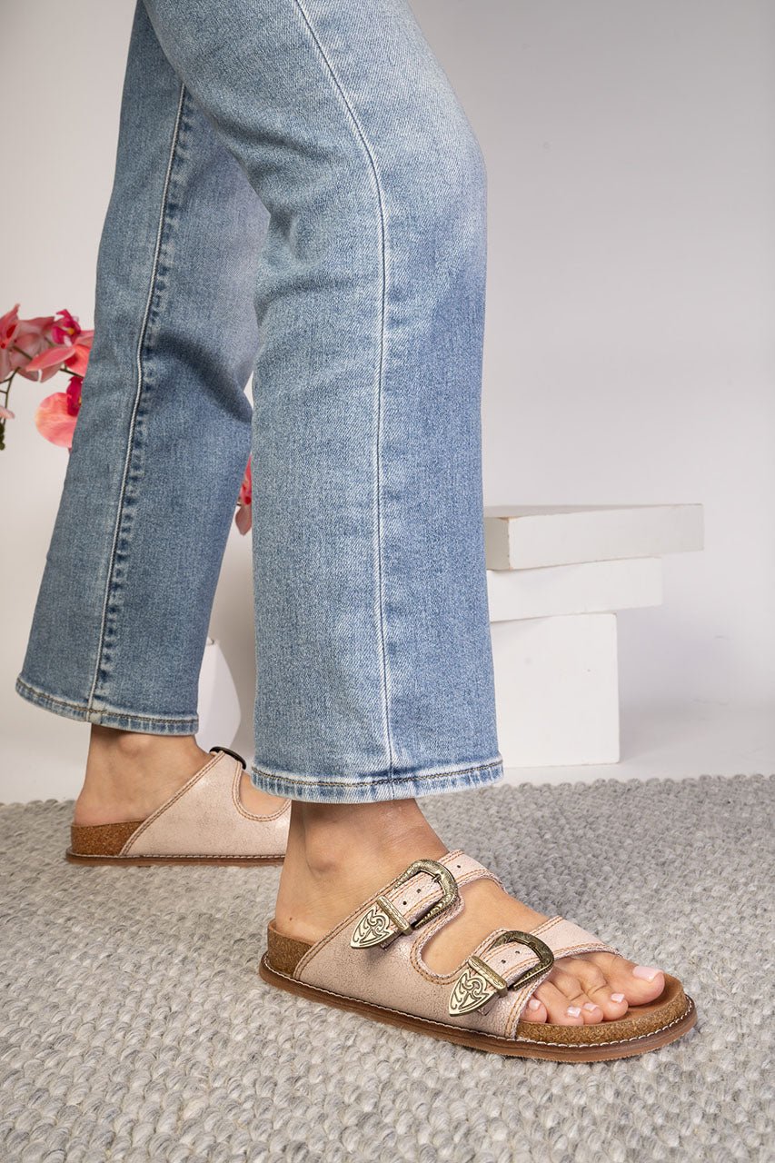 Cream Open Toe Sandal with Buckle on Foot