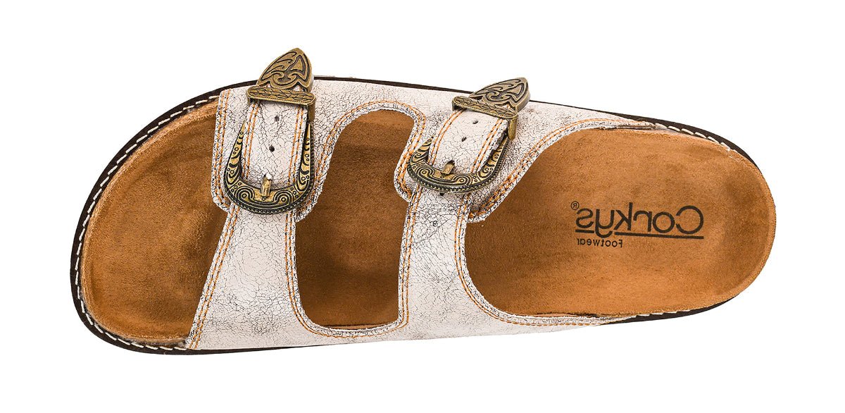 Cream Color Distressed Sandals with Belt Buckle Accent