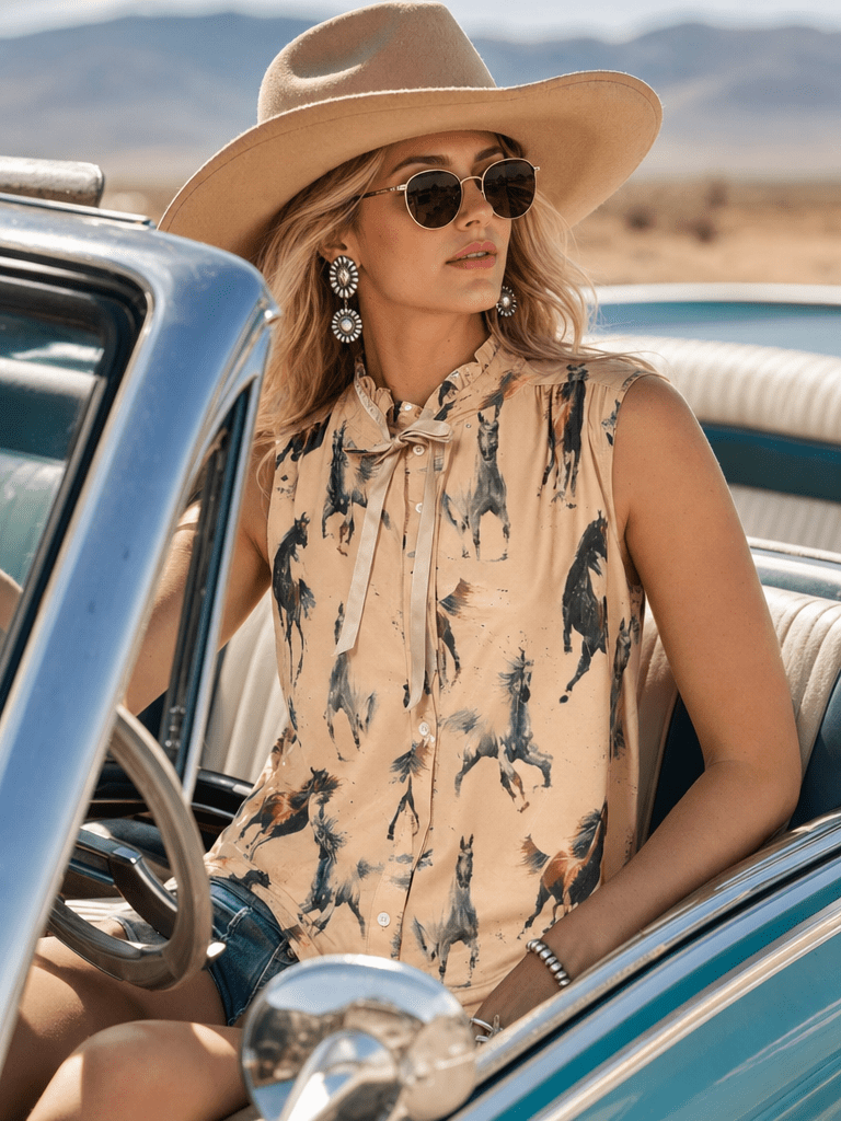 A woman wearing a beige wide-brim hat, round sunglasses, and a sleeveless beige blouse with a horse-print pattern sits in a vintage blue convertible car outdoors.