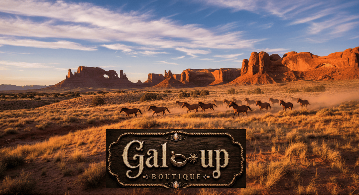 A scenic desert landscape with red rock buttes under a blue sky, a herd of horses running across dry grass, and a dark decorative sign at the bottom reading 'Gal up Boutique'.