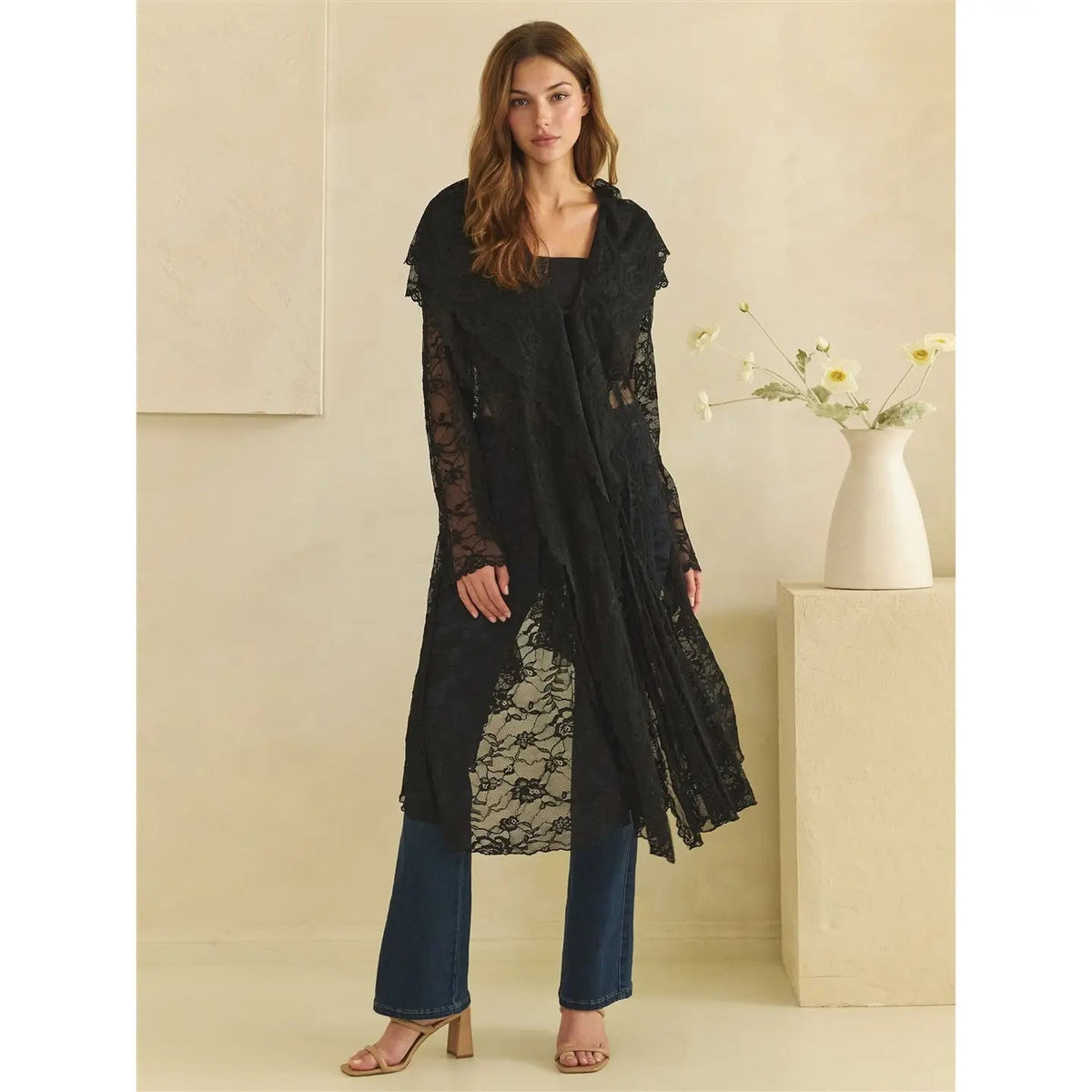 Asymmetric Scalloped Hem Lace Duster Black Oli & Hali - Gal-Up Boutique
