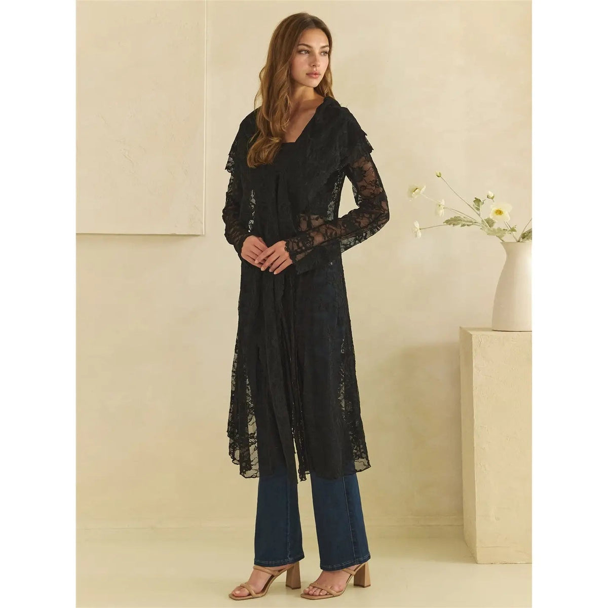 Asymmetric Scalloped Hem Lace Duster Black Oli & Hali - Gal-Up Boutique