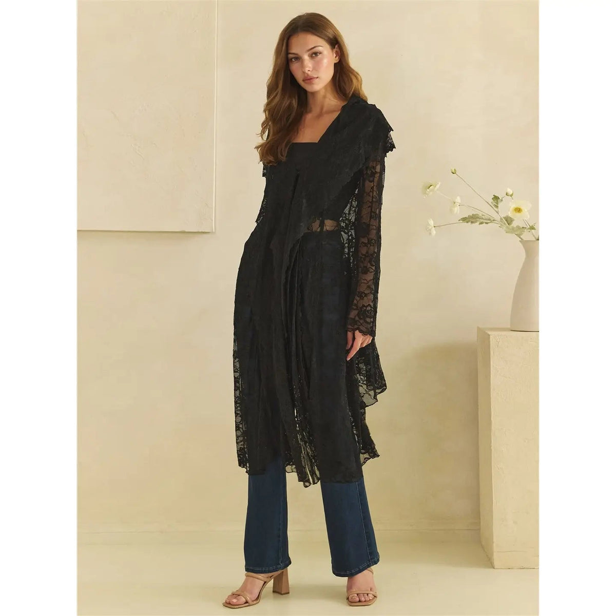 Asymmetric Scalloped Hem Lace Duster Black Oli & Hali - Gal-Up Boutique